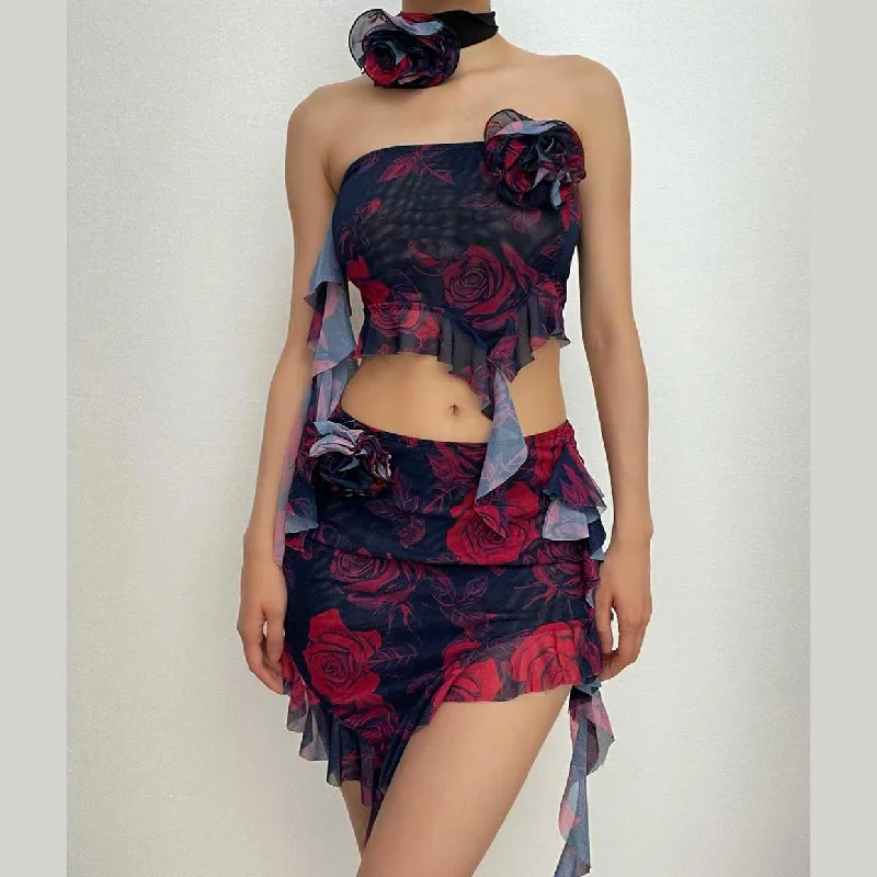 Sheer mesh see through ruffle flower applique contrast print tube mini skirt set lace skirt intricate Sheer mesh see through ruffle flower applique contrast print tube mini skirt set lace skirt intricate