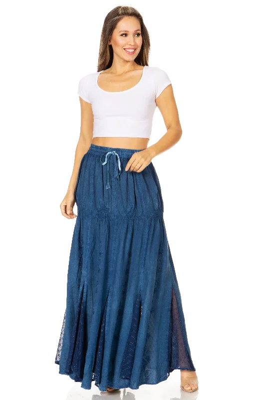 Sakkas Olivia Womens Maxi Bohemian Gypsy Long Skirt With Elastic Waist and Lace silk skirt lustrous
