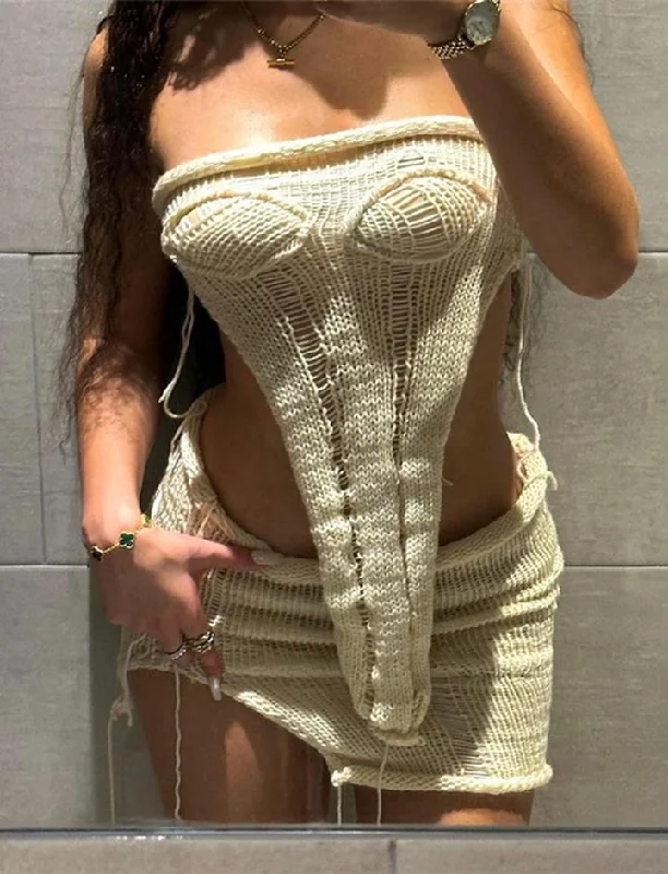 Strapless Slim Backless Knitted Vest High Waist Bag Hip Skirt Set leather skirt modern