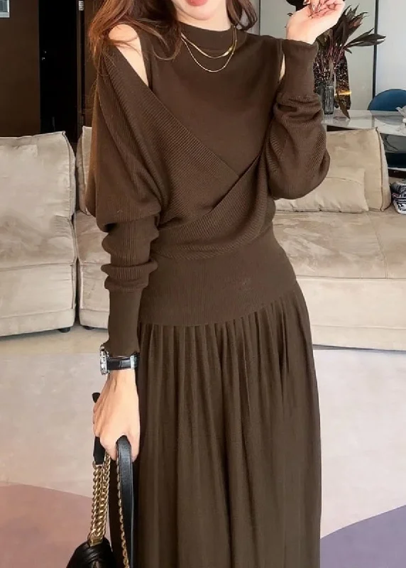 Stylish Brown Asymmetrical Cotton Knit Sweater And Maxi Skirts Two Pieces Set Winter denim skirt fashionable