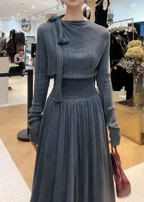 Stylish Grey Neck Knit Top And Maxi Skirts Two Pieces Set Winter denim skirt stylish