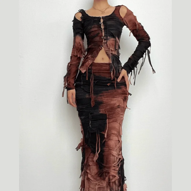 Textured tie dye contrast zip-up low rise maxi skirt set elastic waist skirt