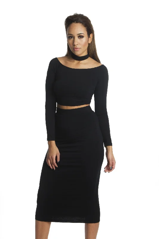 THE MYSTYLEMODE BLACK DOUBLE LINED STRETCH HIGH WAISTED MIDI SKIRT denim skirt casual