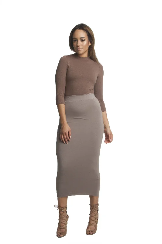 THE MYSTYLEMODE MOCHA DOUBLE LINED STRETCH HIGH WAISTED MIDI SKIRT linen skirt airy