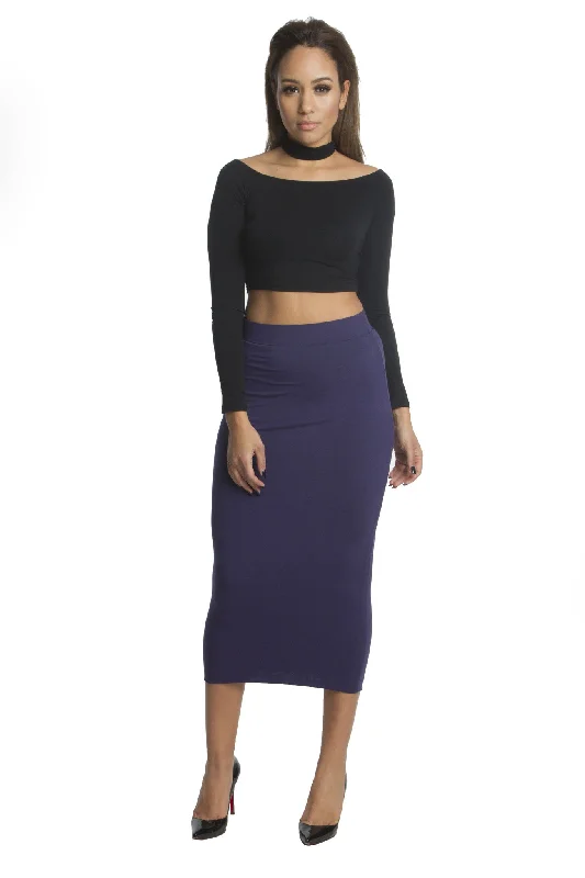 FINAL SALE-THE MYSTYLEMODE NAVY DOUBLE LINED STRETCH HIGH WAISTED MIDI SKIRT velvet skirt plush