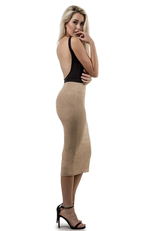 THE MYSTYLEMODE NUDE SUEDE HIGH WAISTED MIDI SKIRT summer skirt style