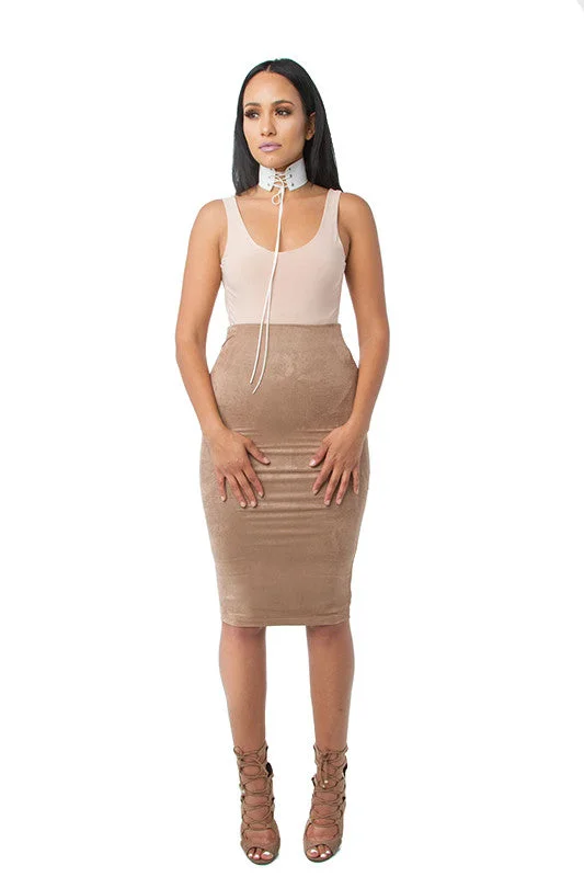 THE MYSTYLEMODE TAUPE SUEDE DOUBLE LINED MIDI SKIRT mini skirt trendy
