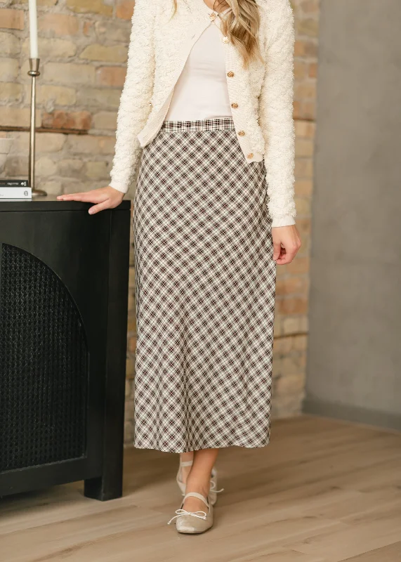 Topanga Brown Plaid Slip Skirt flowy skirt hem