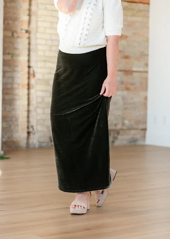 Velvet Pull-on Green Maxi Skirt lace skirt delicate