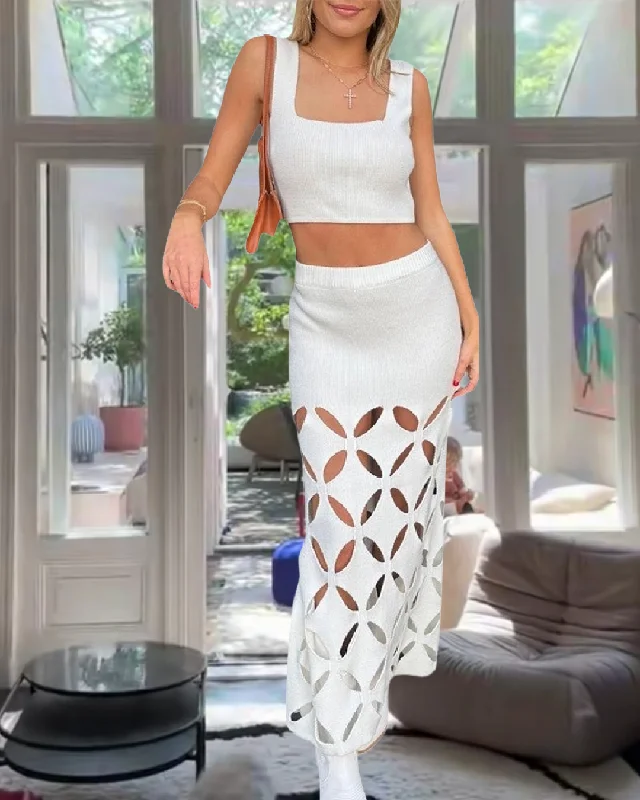 Women Summer 2 Piece Knitted Sets Tank Tops and Elastic Cutout Long Skirt zip skirt side
