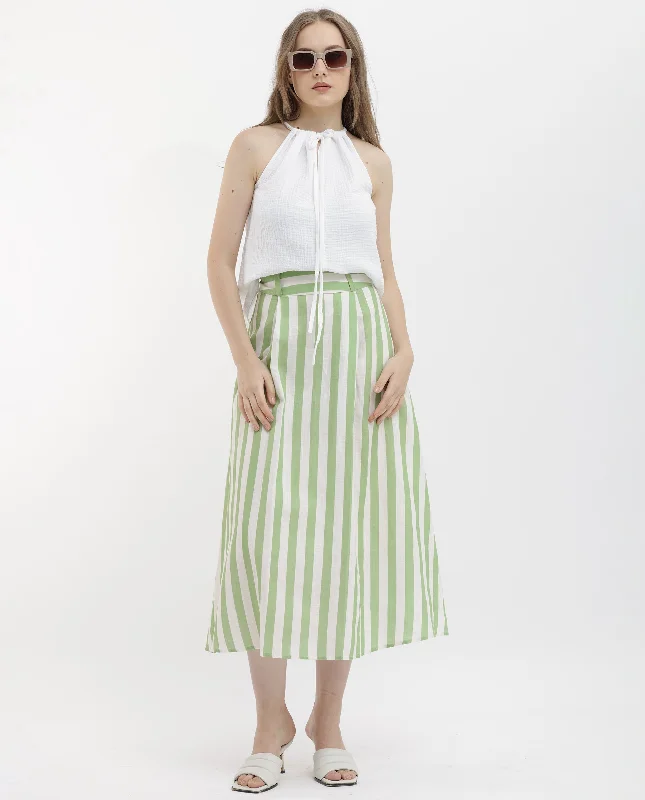 Rareism Women Zame-B Off White Cotton Linen Fabric Zip Closure Regular Fit Striped Midi Skirt silk skirt elegant